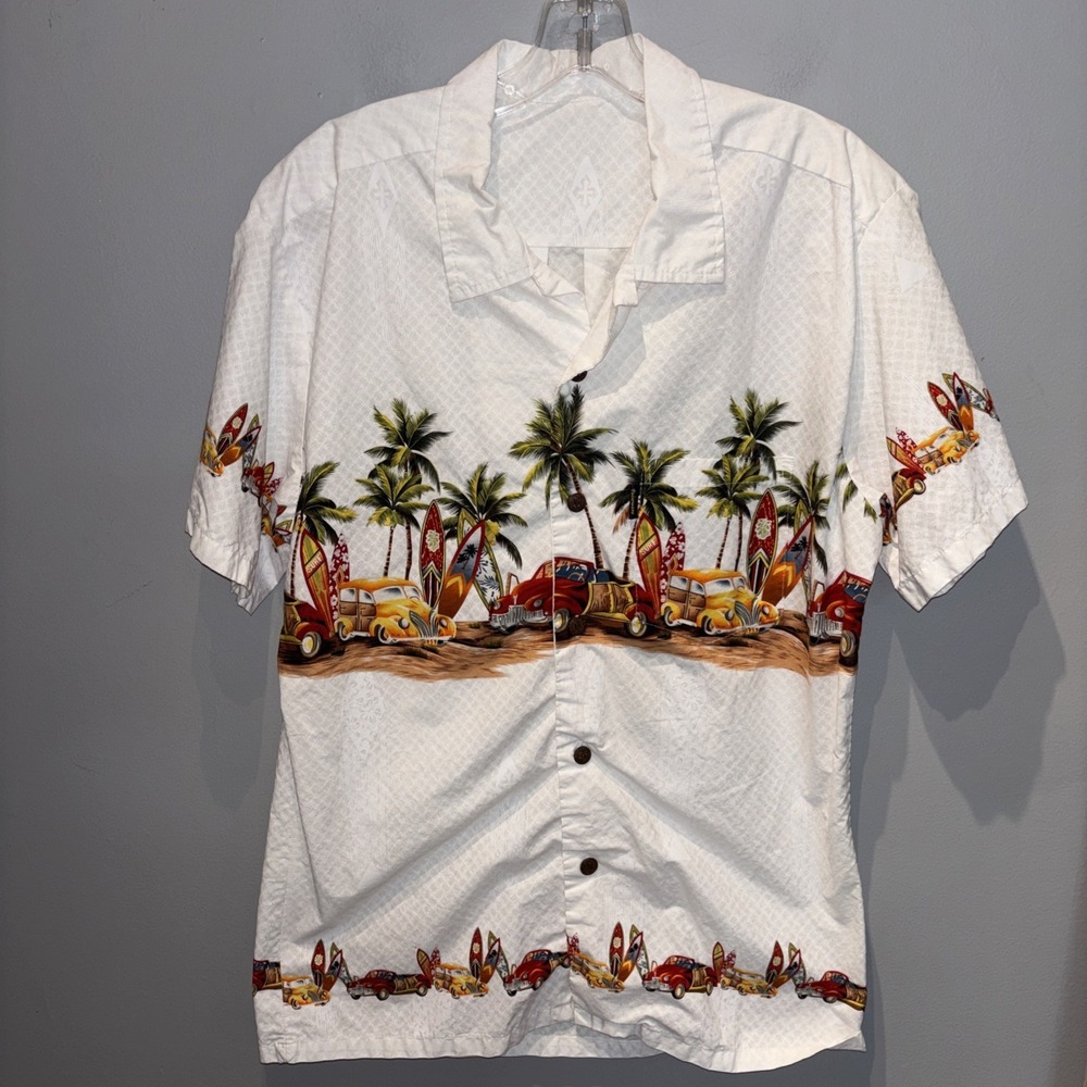 Palmwave Hawaiian Shirt Mens Size L Cotton Surf‎ Boards Palm Trees Quirky